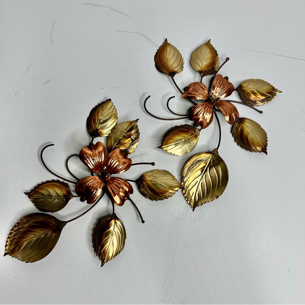 Vintage Metal Wall Flowers Pair – Gold & Copper MCM Décor